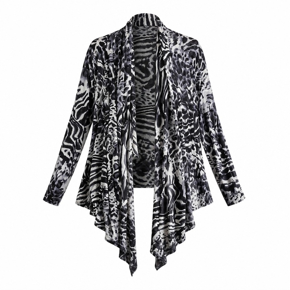 Isabel Women XL Gray Animal Print Mesh Open Front Cardigan Zebra Leopard